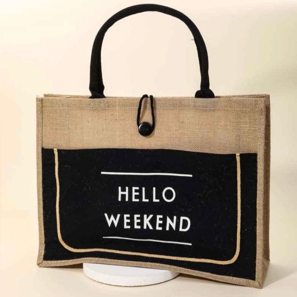 Hello Weekend Burlap Tote Bag